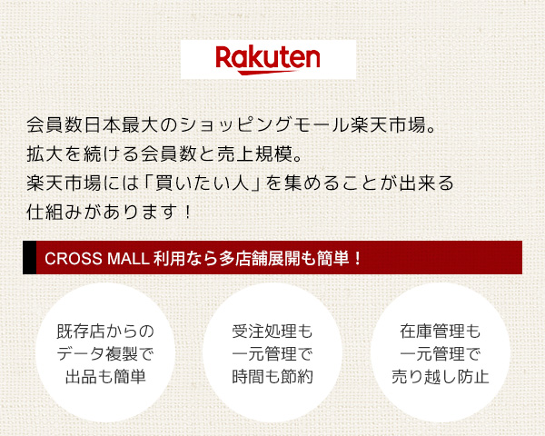 日本最大のECモール楽天市場に出店しよう！「CROSS MALL」ならデータ複製で楽天への出品が簡単！楽天の受注管理を一元で管理して時間節約！楽天の在庫管理を一元で管理して売り越し防止！